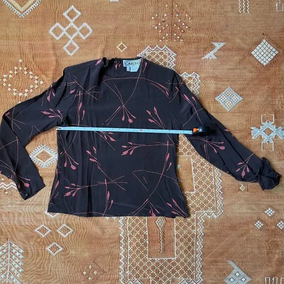 Vintage Carlisle 100% Silk Blouse – Abstract Floral Print | Brown & Rose | sz 6 - Picture 3 of 6